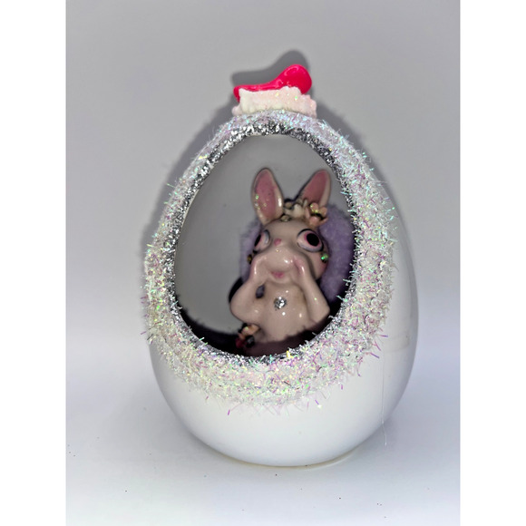 Vintage Ceramic Diorama Egg Pink Rhinestone Bunny Deb O. Original Designs OOAK - Picture 6 of 16